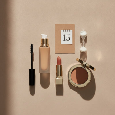 Makeup flat lay with mascara, foundation, lipstick, powder, a calendar page and an hourglass — makeup shelf life